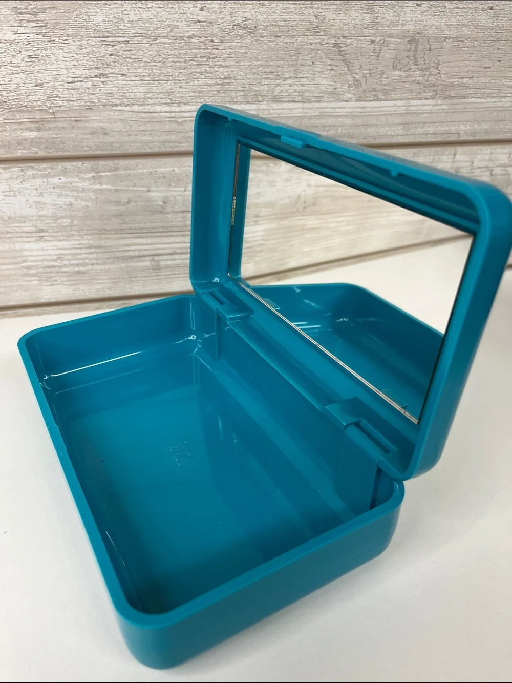 Teal Makeup Storage Box with Built-In Mirror